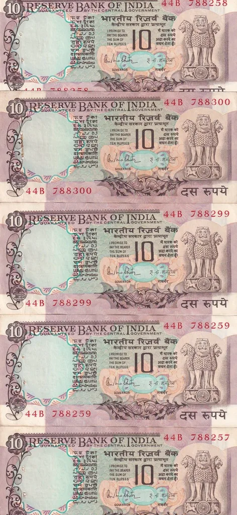 10 Rupees Peacock Governor R.N Malhotra UNC Condition (5 Pcs Lott) Note