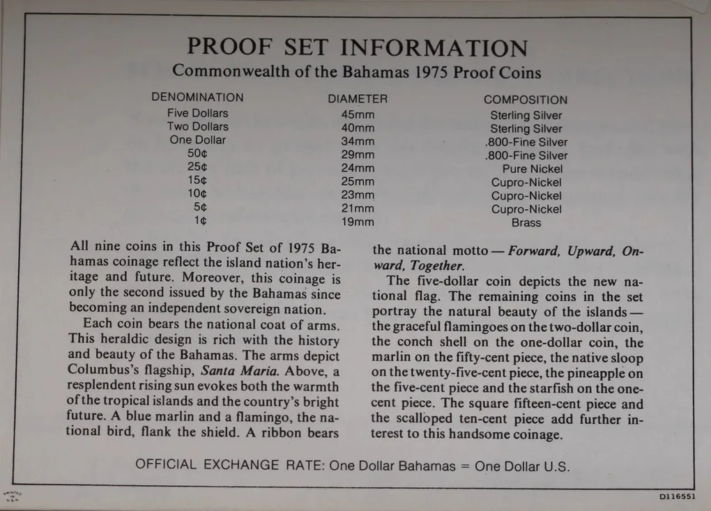 The 1975 Bahamas Proof Set features nine beautifully struck coins, including denominations from 1 cent to 5 dollars. Struck by the Franklin Mint in sterling silver (.925), the silver coins include the 50 cents, $1, $2, and $5 pieces