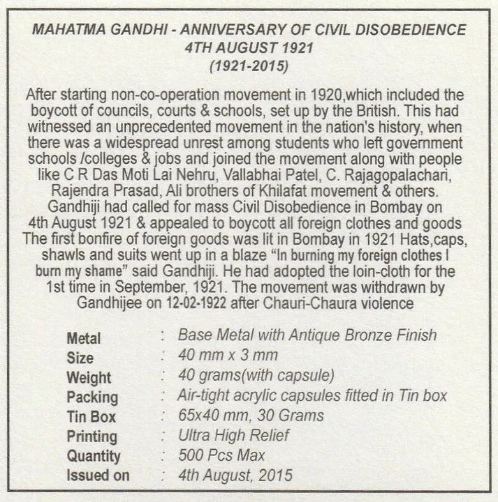 Mahatma Gandhi Civil Disobedience 1921 Beautiful Medallion With Box And Certificate