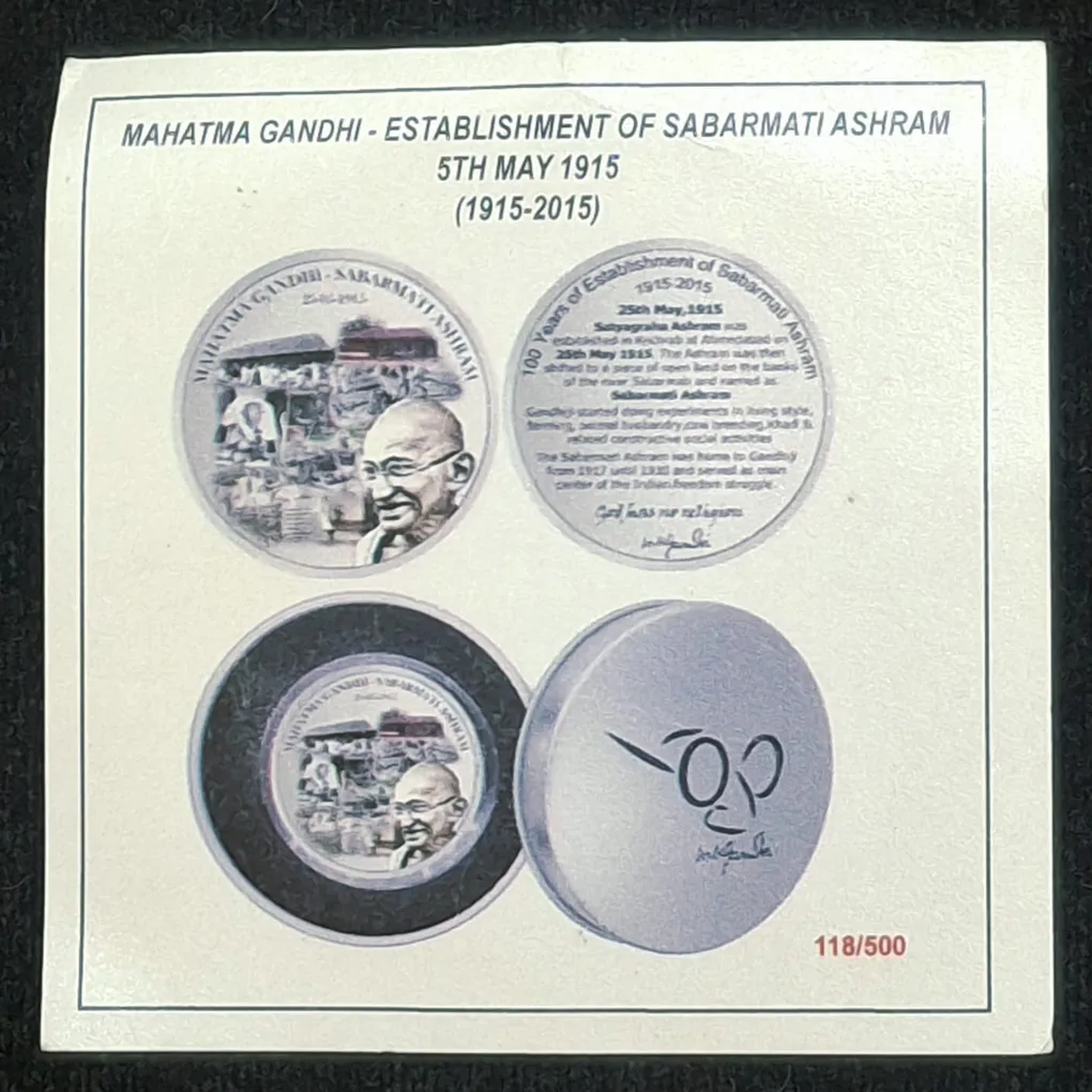 Mahatma Gandhi - establishment of sabarmati ashram 5th may (1915-2015) silver plated medallion with box & certificate
