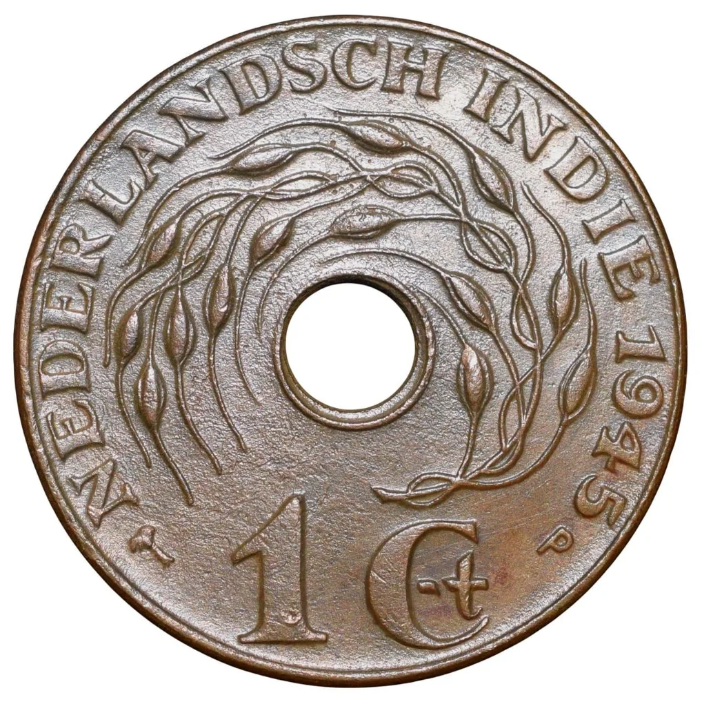 Bronze 1 Cent of Indonesia - Nederland East India (AD 1945) with Lotus Flower Ring Type Rare