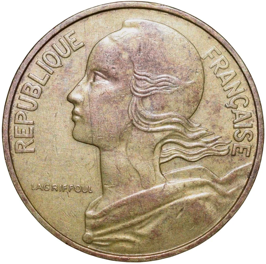 Brass 10 Centimes of France ( AD 1979) with Marianne face left