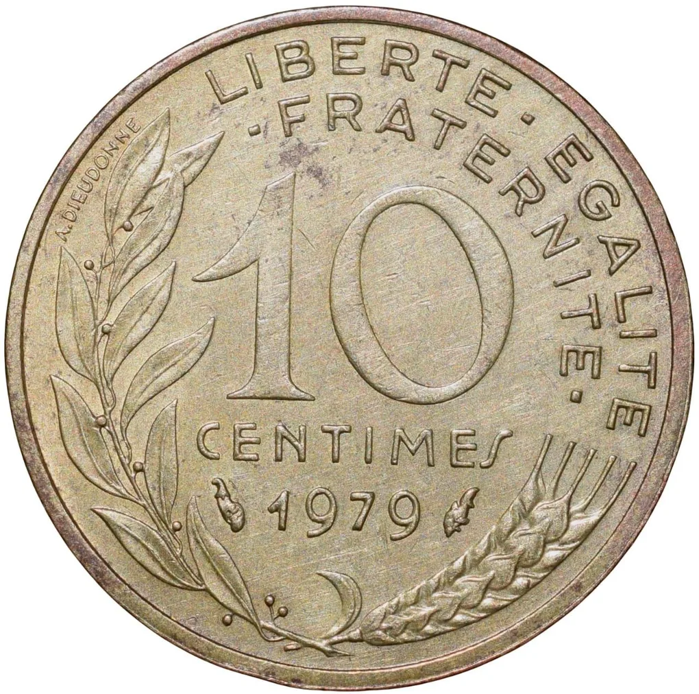Brass 10 Centimes of France ( AD 1979) with Marianne face left
