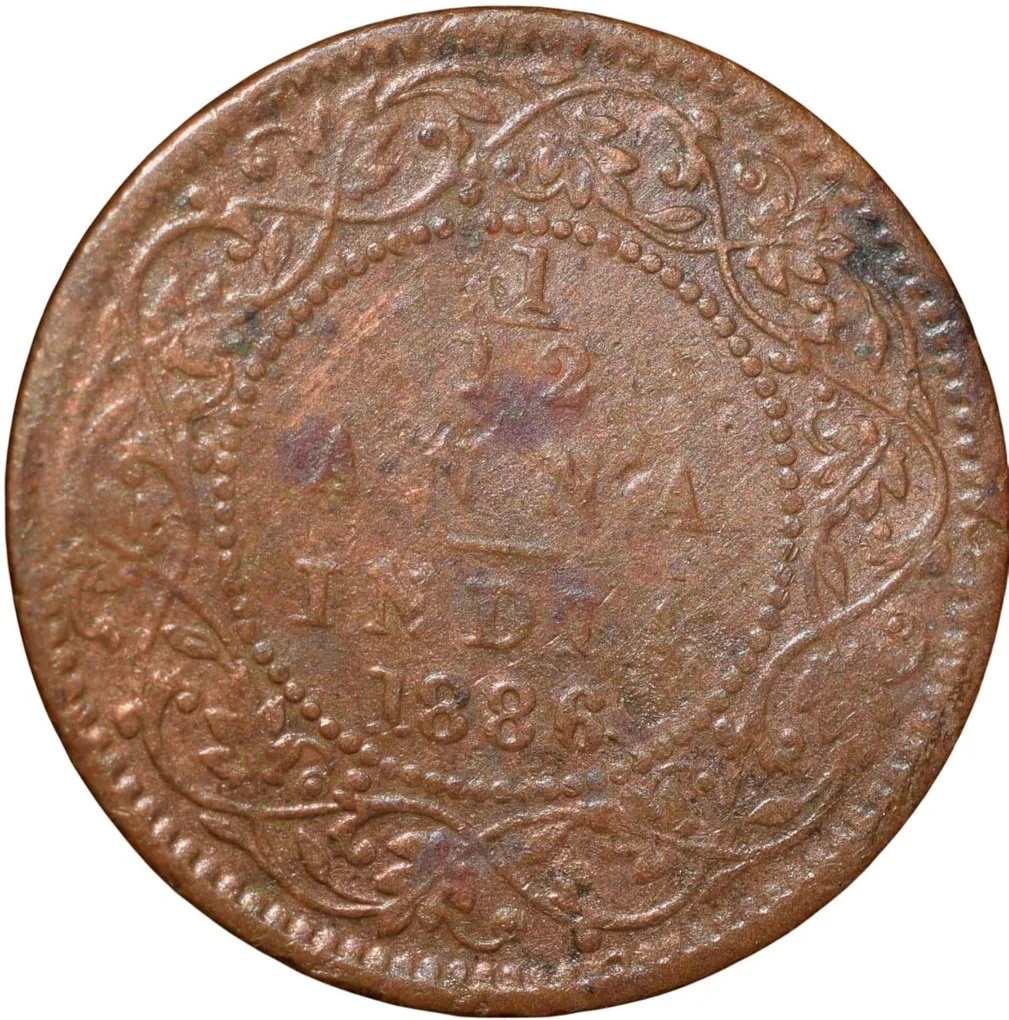Copper 1/12 Anna of Victoria Empress (AD 1886) of Calcutta Mint Rare Date