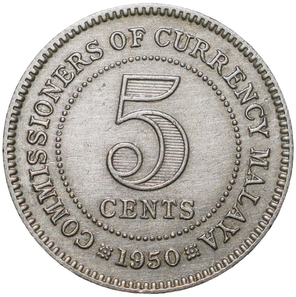 Copper-Nickel 5 Cents of George VI(AD1950) of Malaya(Malaysia) KM7