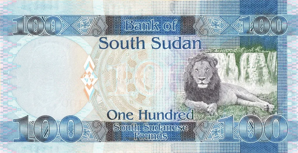 100 Sudanese Pounds of South Sudan (AD 2015-2019) with Lion, and Waterfall