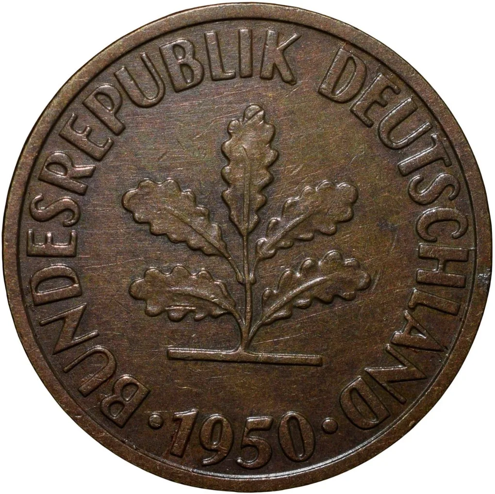 Old Brass 10 Pfennig of Germany (AD 1950) with Oak Sapling