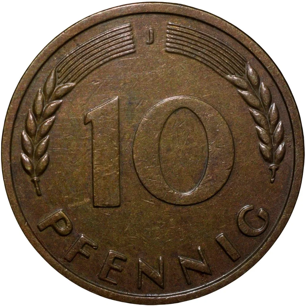 Old Brass 10 Pfennig of Germany (AD 1950) with Oak Sapling