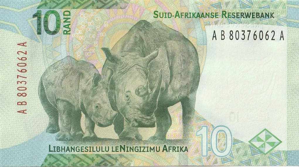 10 Rand of South Africa (AD 2023) with Nelson Mandela (Nelson Rolihlahla Mandela)/Black Rhino, adult and cub