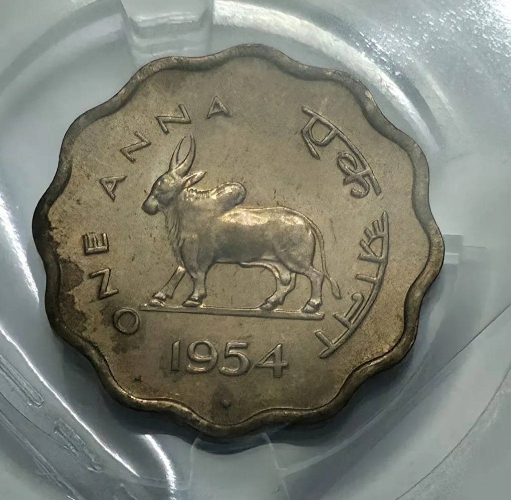 Bull One Anna 1954 Mumbai Mint Copper Nickel Coin UNC