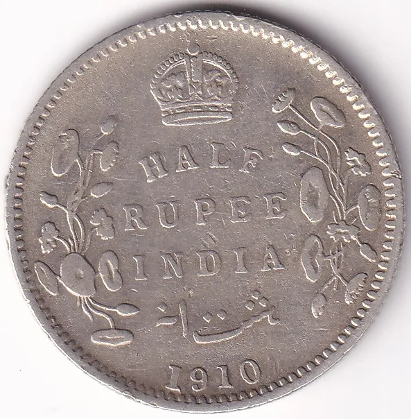 1/2 Rupee 1910 Silver British India Coin #2