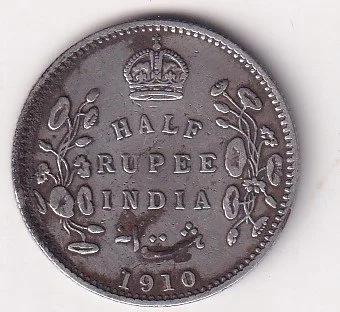 India - British  ½ Rupee 1910 - Edward VII Rare Silver Coin #V-87