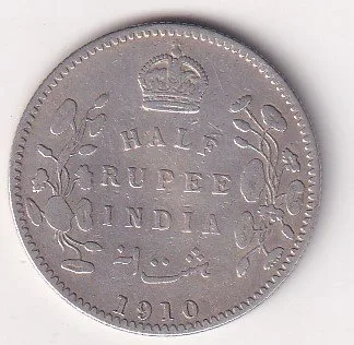 India - British  ½ Rupee 1910 - Edward VII Rare Silver Coin #V-88