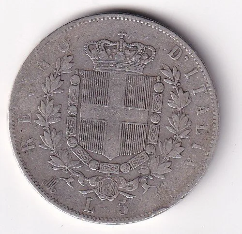 Italy 5 Lire 1876 Victor Emmanuel II (Sliver Weight 25 g) Coin # V-157