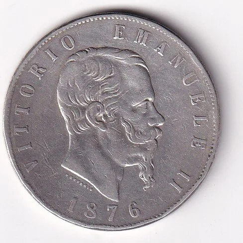 Italy 5 Lire 1876 Victor Emmanuel II (Sliver Weight 25 g) Coin # V-157