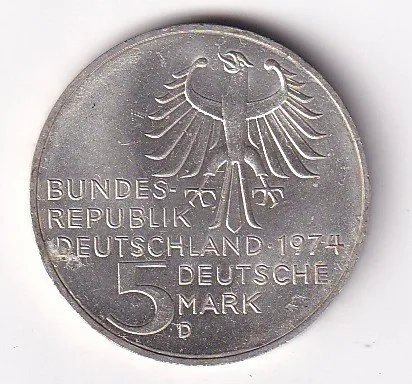 Germany 5 Deutsche Mark Immanuel Kant 1974 Commemorative Issue Silver Coin #V-184