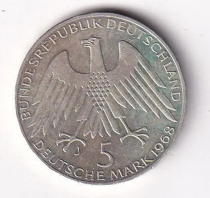 Germany 5 Deutsche Mark 1968 Commemorative Issue Silver Coin #V-185