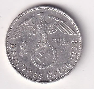 Germany 2 Reichsmark 1938 - Paul von Hindenburg Rare swastika(卐) Mark Silver Coin #V-241