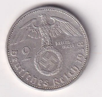 Germany 2 Reichsmark 1938 - Paul von Hindenburg Rare swastika(卐) Mark Silver Coin #V-242
