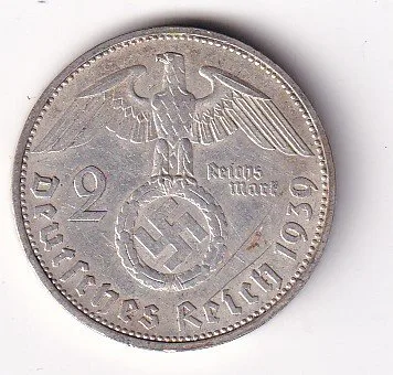 Germany 2 Reichsmark 1939 - Paul von Hindenburg Rare swastika(卐) Mark Silver Coin #V-254