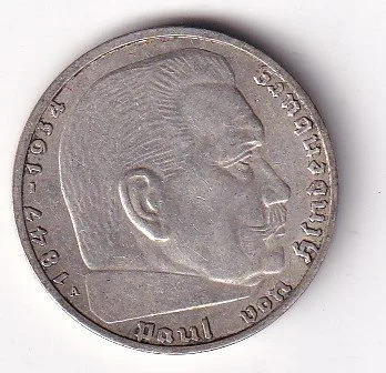 Germany 2 Reichsmark 1939 - Paul von Hindenburg Rare swastika(卐) Mark Silver Coin #V-255