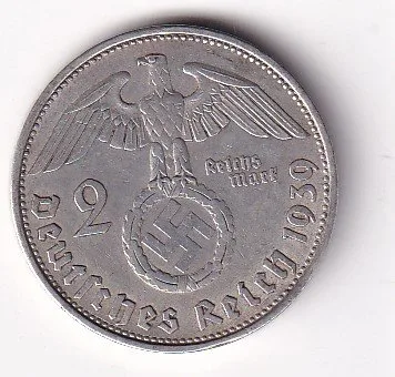 Germany 2 Reichsmark 1939 - Paul von Hindenburg Rare swastika(卐) Mark Silver Coin #V-256