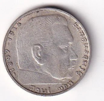 Germany 2 Reichsmark 1939 - Paul von Hindenburg Rare swastika(卐) Mark Silver Coin #V-257