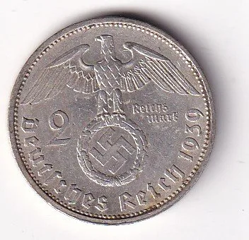Germany 2 Reichsmark 1939 - Paul von Hindenburg Rare swastika(卐) Mark Silver Coin #V-258