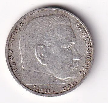 Germany 2 Reichsmark 1939 - Paul von Hindenburg Rare swastika(卐) Mark Silver Coin #V-259