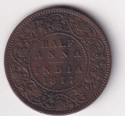 India - British ½ Anna 1877 - Victoria RARE COIN #V-390