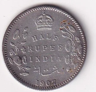 India - British  ½ Rupee 1907 - Edward VII Rare Silver Coin #V-419