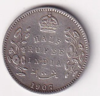 India - British  ½ Rupee 1907 - Edward VII Rare Silver Coin #V-420