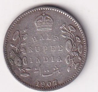 India - British ½ Rupee 1907 - Edward VII Rare Silver Coin #V-422