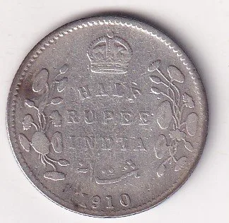 India - British  ½ Rupee 1910 - Edward VII Rare Silver Coin #V-424
