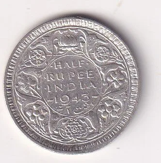 India - British  ½ Rupee 1943 - George VI Rare Silver Coin #V-431