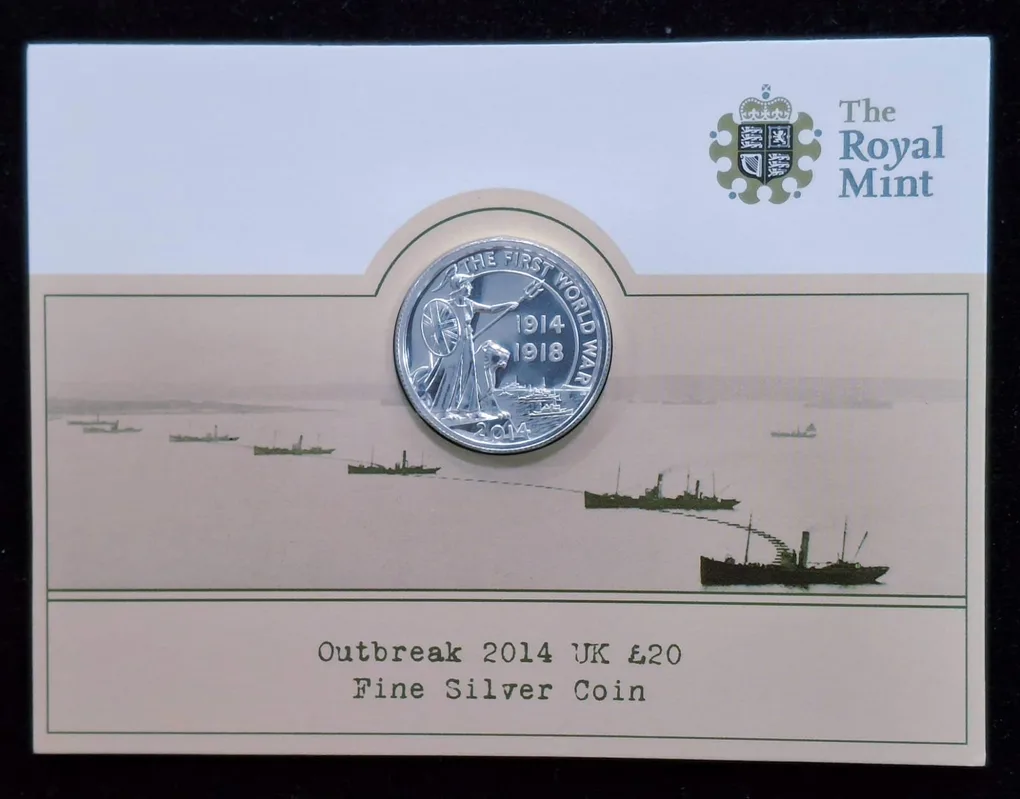 United Kingdom 20 Pounds 2014 - Elizabeth II World War I Commemorative issue Royal Mint Issue Rare Silver (Weight 15.71 g)