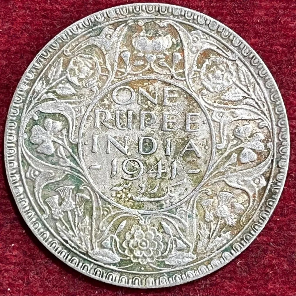 BRITISH INDIA 1 RUPEES GEORGE VI 1941 RARE SILVER COIN #V-377