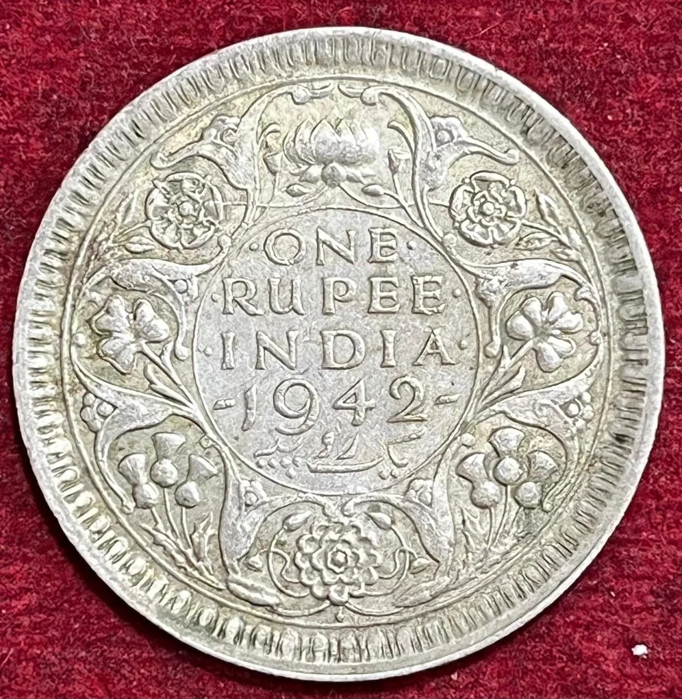 BRITISH INDIA 1 RUPEES GEORGE VI 1942 RARE SILVER COIN #V-350