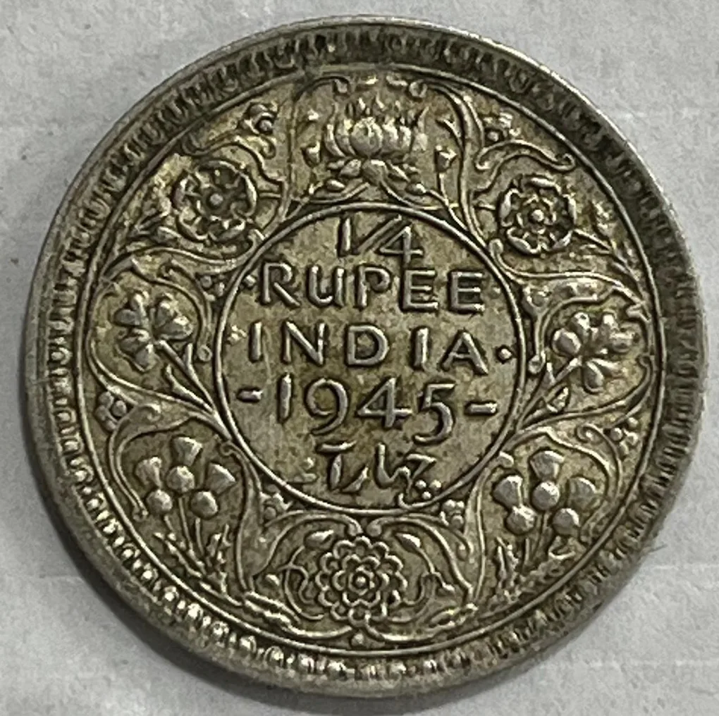 BRITISH INDIA 1/4 RUPEES 1945 large 5 GEORGE VI RARE SILVER COIN #V-354