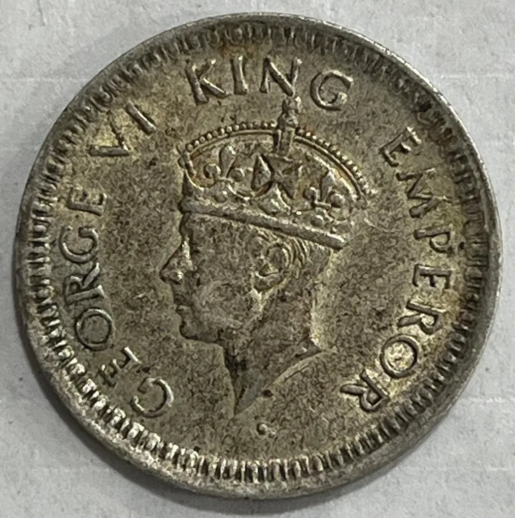 BRITISH INDIA 1/4 RUPEES 1945 large 5 GEORGE VI RARE SILVER COIN #V-354