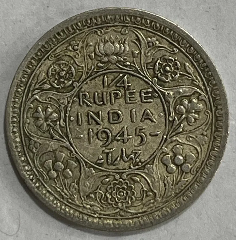 BRITISH INDIA 1/4 RUPEES 1945 GEORGE VI RARE SILVER COIN #V-355