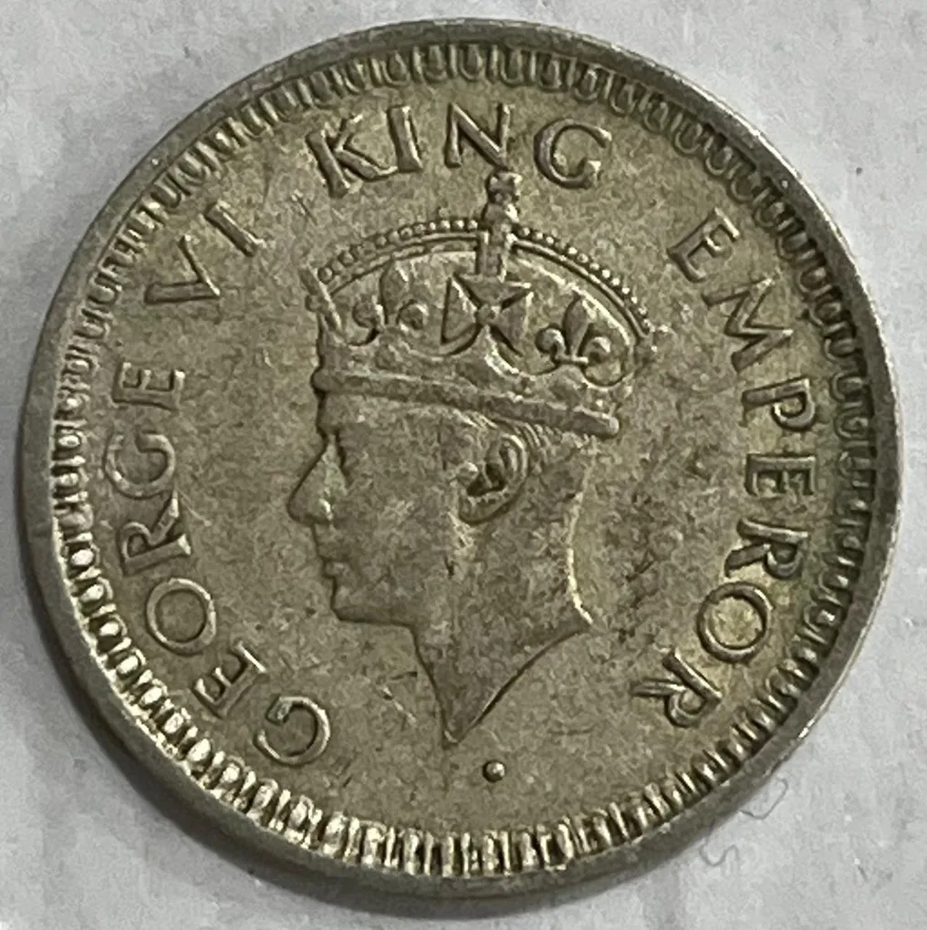 BRITISH INDIA 1/4 RUPEES 1945 GEORGE VI RARE SILVER COIN #V-355
