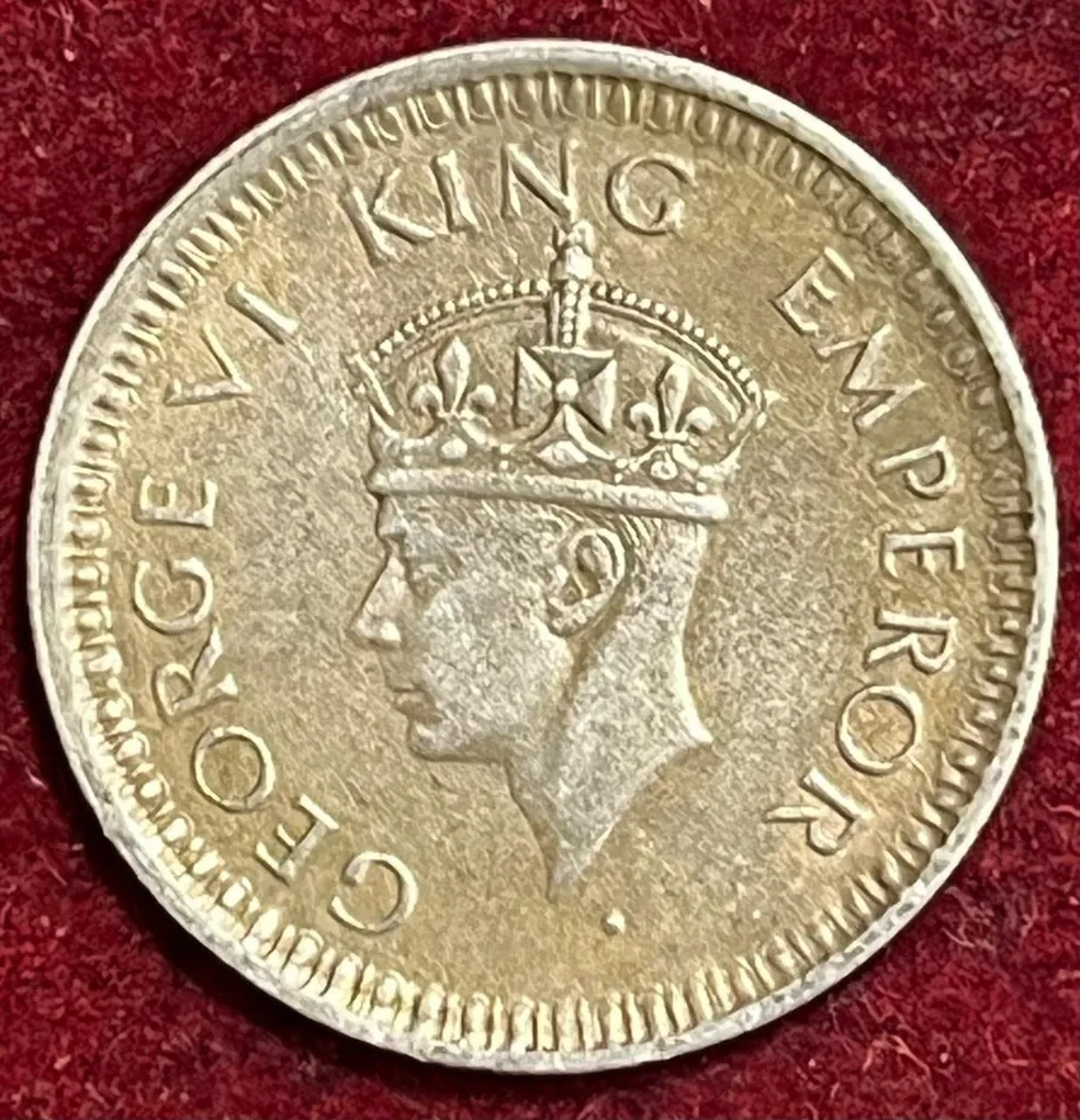 BRITISH INDIA 1/4 RUPEES 1945 large 5 GEORGE VI RARE SILVER COIN #V-356