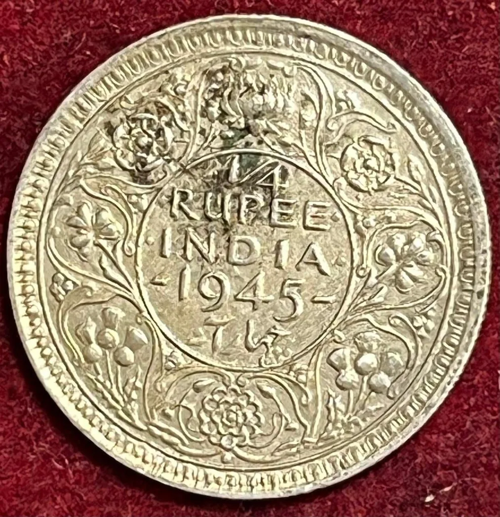 BRITISH INDIA 1/4 RUPEES 1945 large 5 GEORGE VI RARE SILVER COIN #V-356