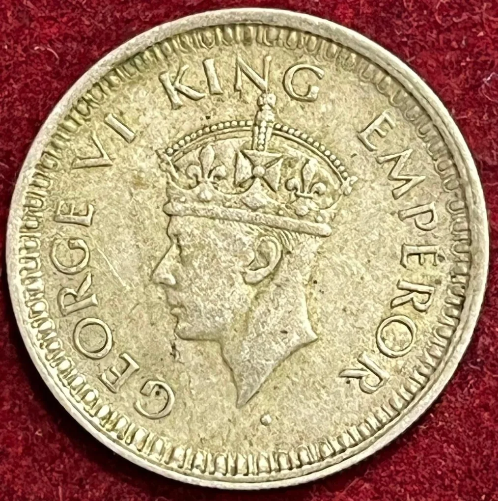 BRITISH INDIA 1/4 RUPEES 1945 GEORGE VI RARE large 5 SILVER COIN #V-357