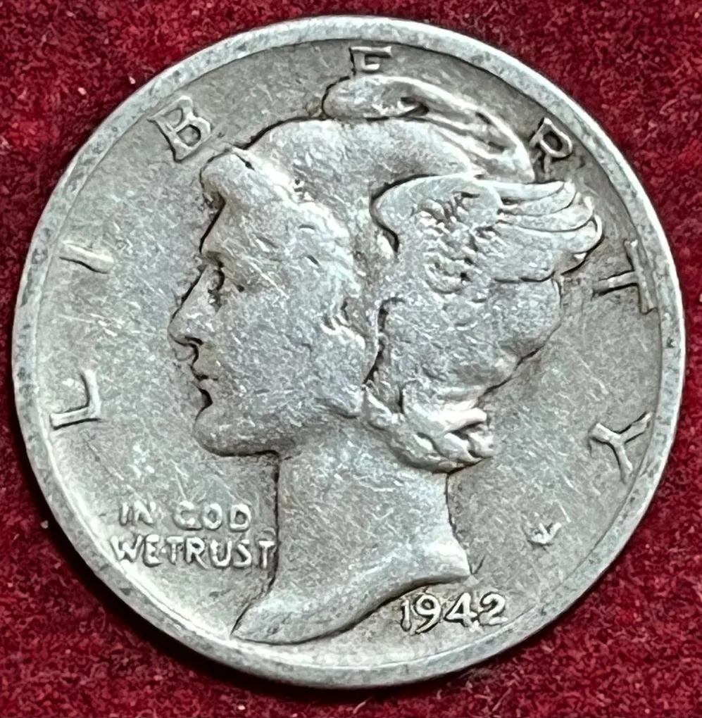 UNITED STATES 1 DIME 1942 MERCURY DIME RARE SILVER COIN #V-374