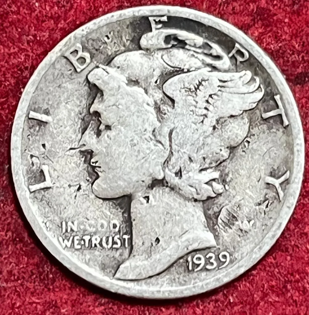 UNITED STATES 1 DIME 1939 MERCURY DIME RARE SILVER COIN #V-380