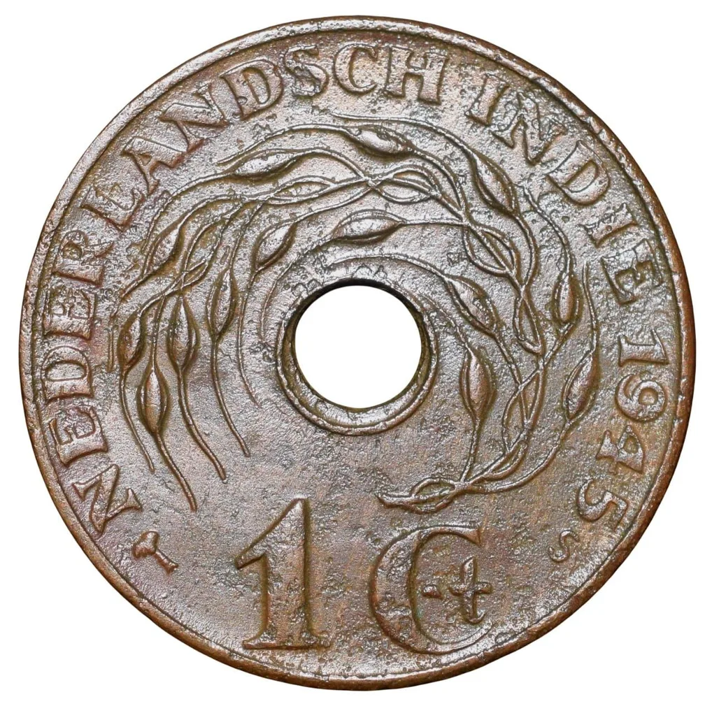 Bronze 1 Cent of Indonesia - Nederland East India (AD 1945) with Lotus Flower Ring Type Rare