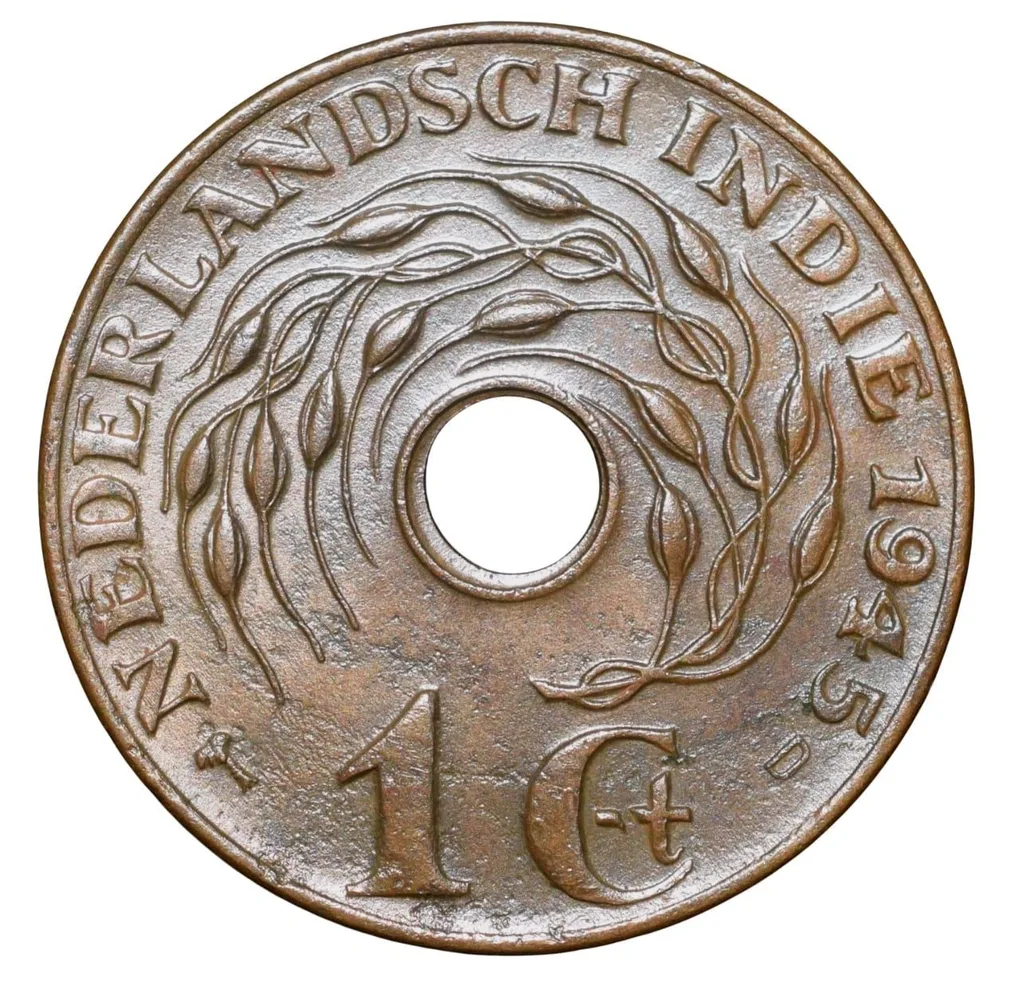 Bronze 1 Cent of Indonesia - Nederland East India (AD 1945) with Lotus Flower Ring Type Rare