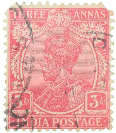 Postal Stamp of George V 3 Annas Red-Pink Colour - Used Condition as per image.